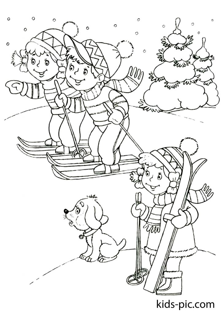 раскраски новогодние для девочек дети на лыжах