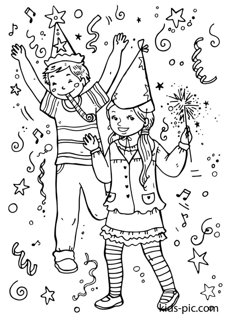 скачать бесплатно детские новогодние раскраски дети празднуют Новый год