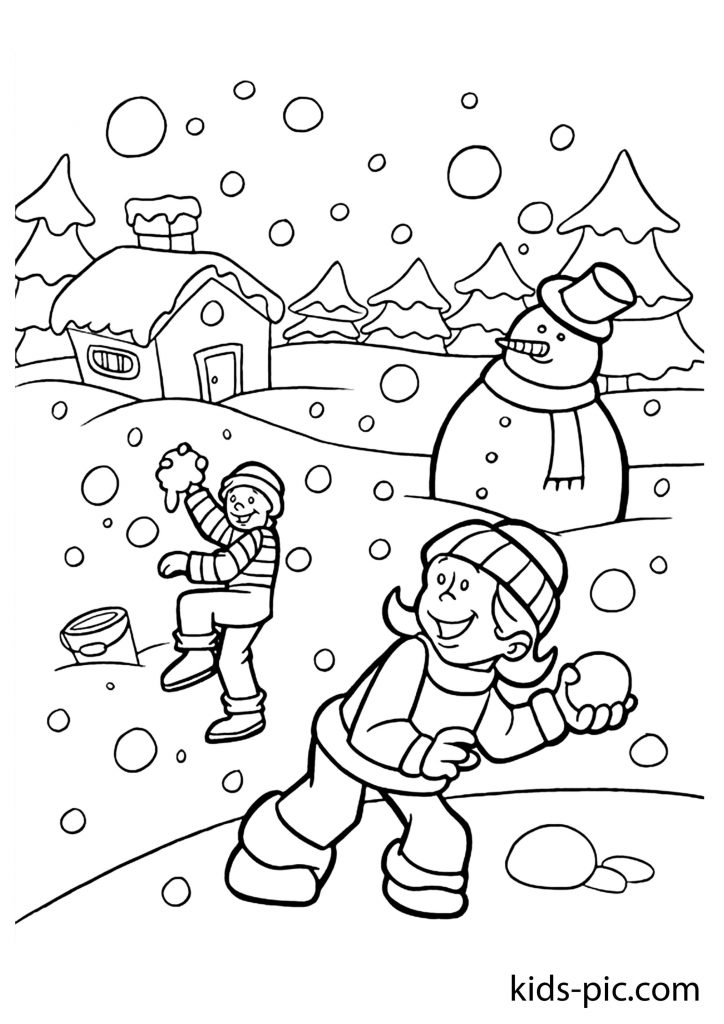 скачать бесплатно детские новогодние раскраски дети играют в снежки